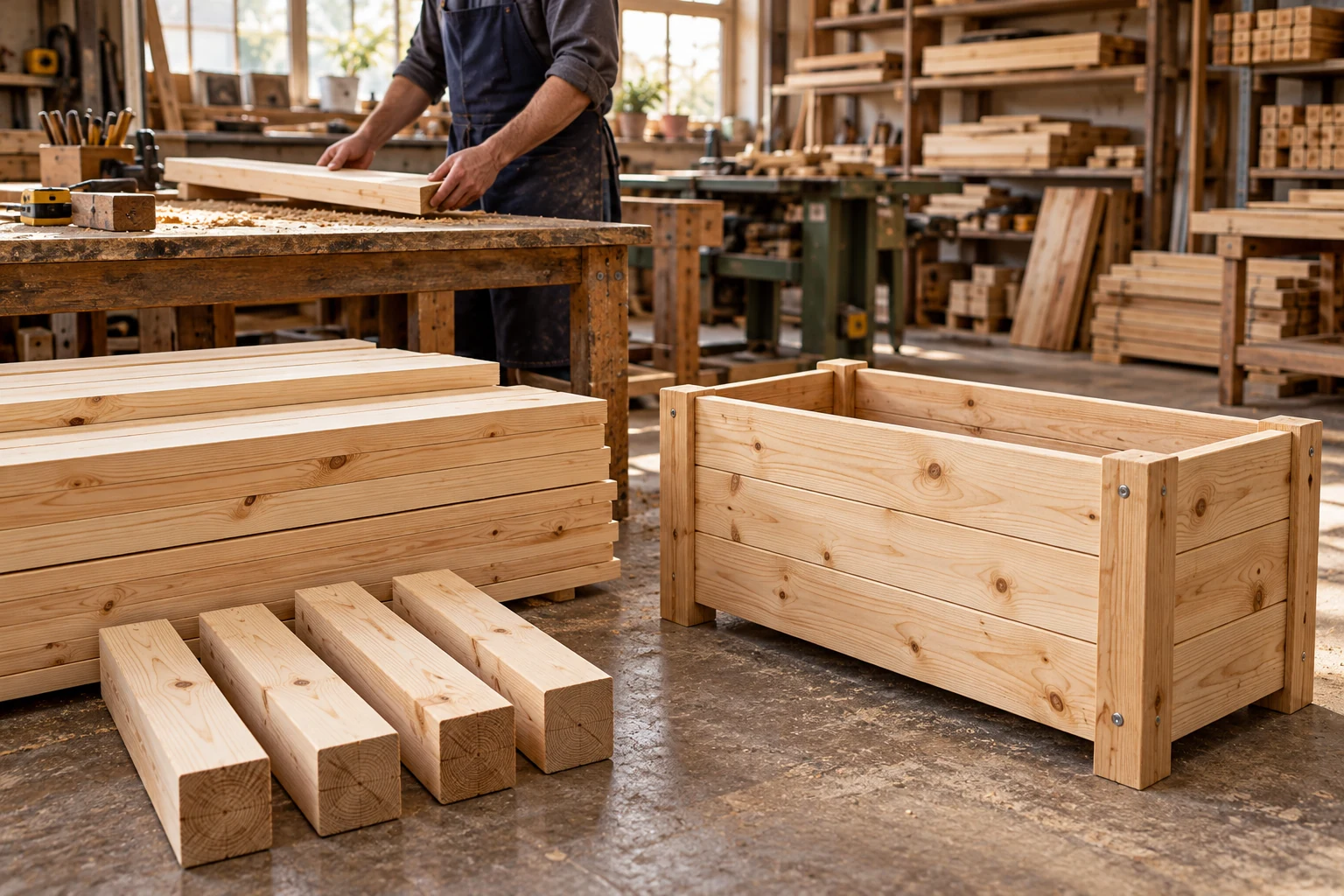 Illustration : pièces bois préparées et jardinière assemblée dans un atelier