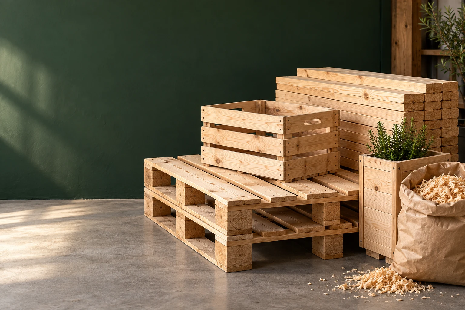 Illustration de plusieurs produits bois : palettes, caisse, composants, jardinière et copeaux