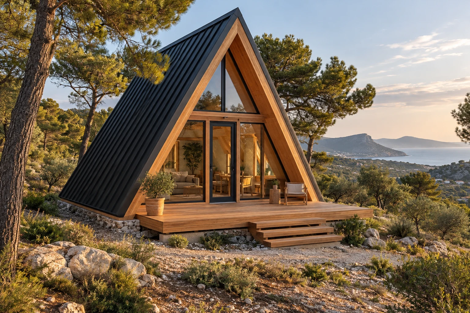 Illustration de chalet en A avec ossature bois, façade vitrée et terrasse