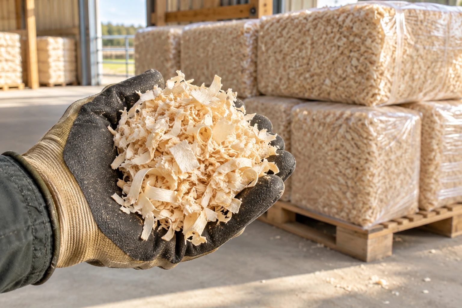 Copeaux de bois pour volailles — texture des copeaux et conditionnement illustratif